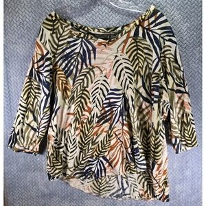 Tahari Blouse 2X Linen Tropical Palm Leaf Casual Beach Hawaiian Floral Top
